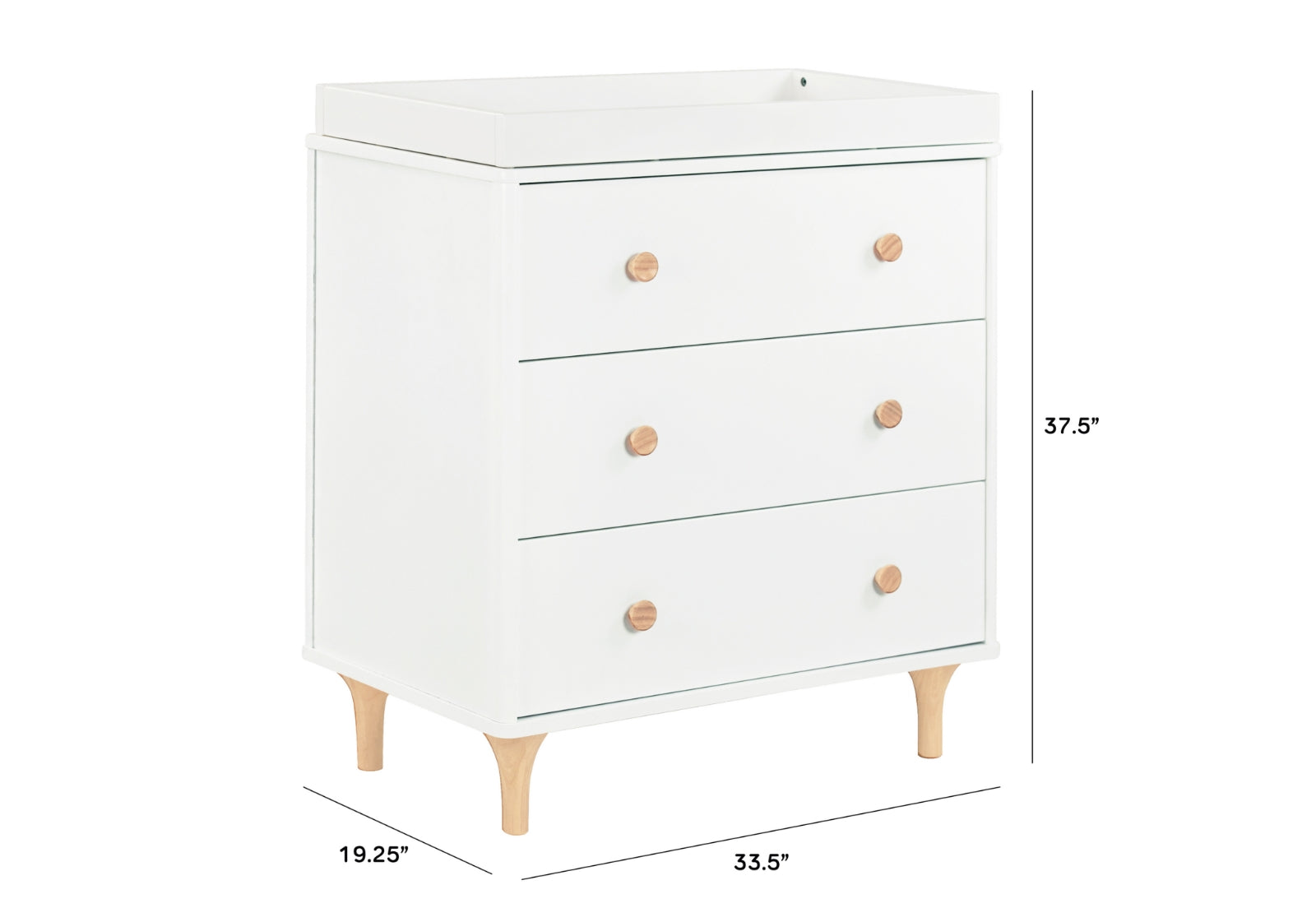 White three-drawer dresser with dimensions 19.25" x 33.5" x 37.5", featuring wooden knobs and legs. 999-8602-WHN