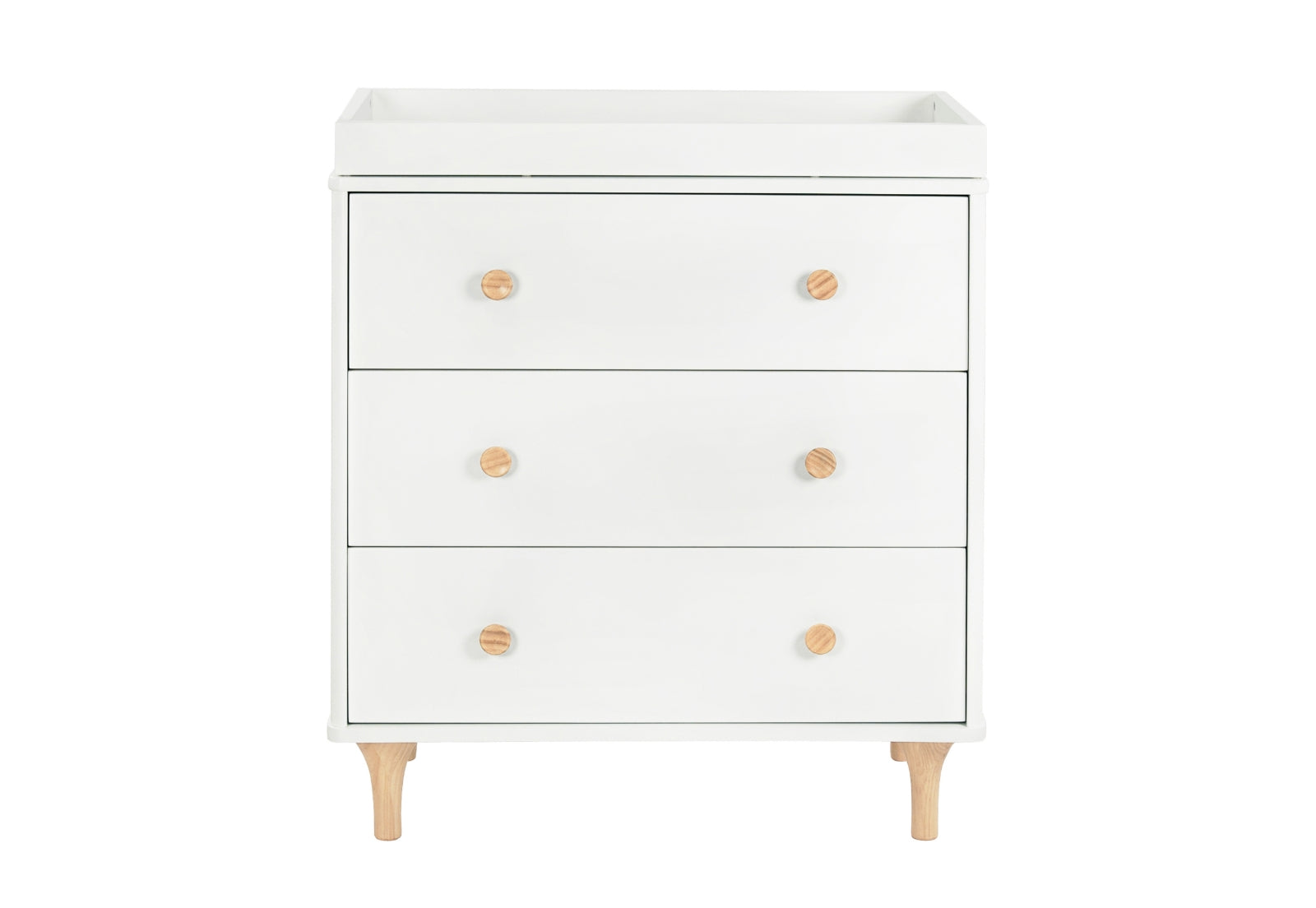 White three-drawer baby dresser with round wooden knobs and tapered legs, isolated on a white background.