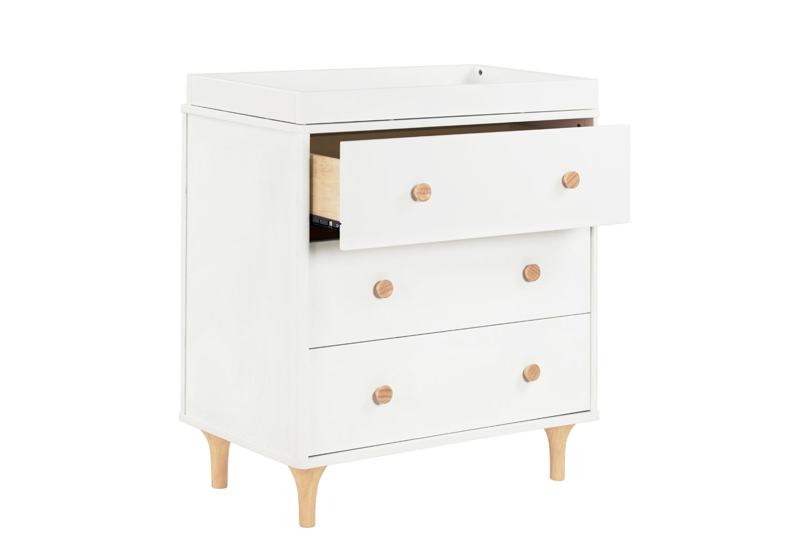 White modern nursery dresser with an open top drawer revealing wooden interior, and equipped with round wooden knobs.