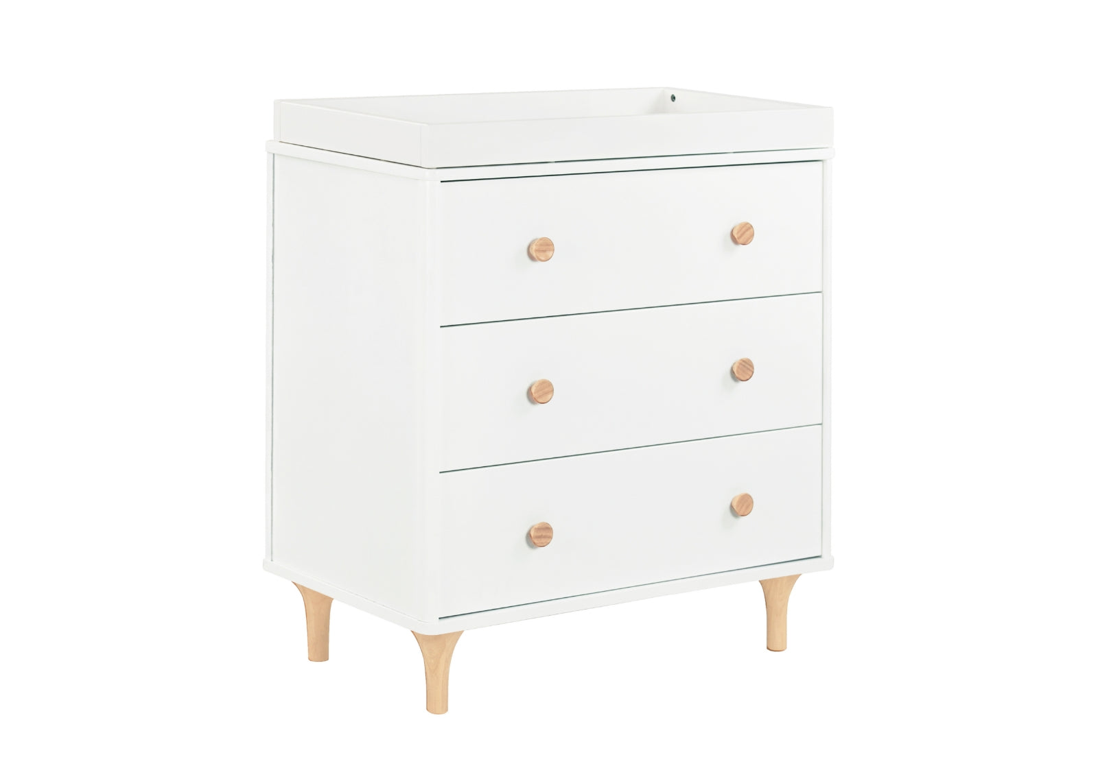 White modern changing table with three drawers and rounded wooden knobs, set on angled legs.