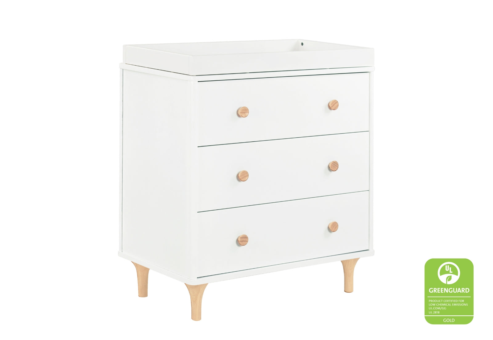 White three-drawer dresser with wooden knobs and legs, certified by GREENGUARD Gold.