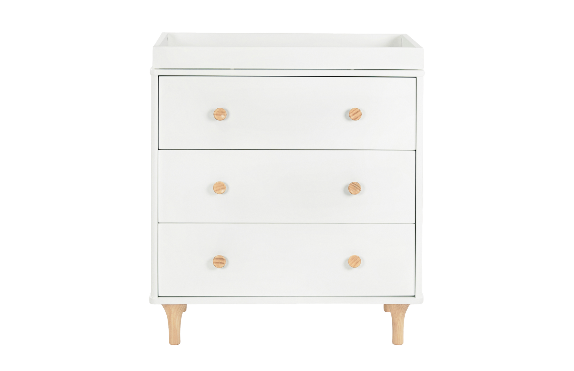 The Babyletto Lolly 3-Drawer Changer Dresser features three drawers with round wooden knobs, short wooden legs, and a raised edge on top for safety and style.