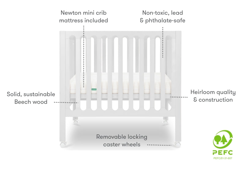 White modern crib on wheels with visible mattress, isolated on a plain background. Callouts with text, "newton mini crib mattress included," "Non-toxic, lead & phthalate-safe," "Heirloom quality & construction," "solid, sustainable beech wood," "removable locking caster wheels." PEFC certified.