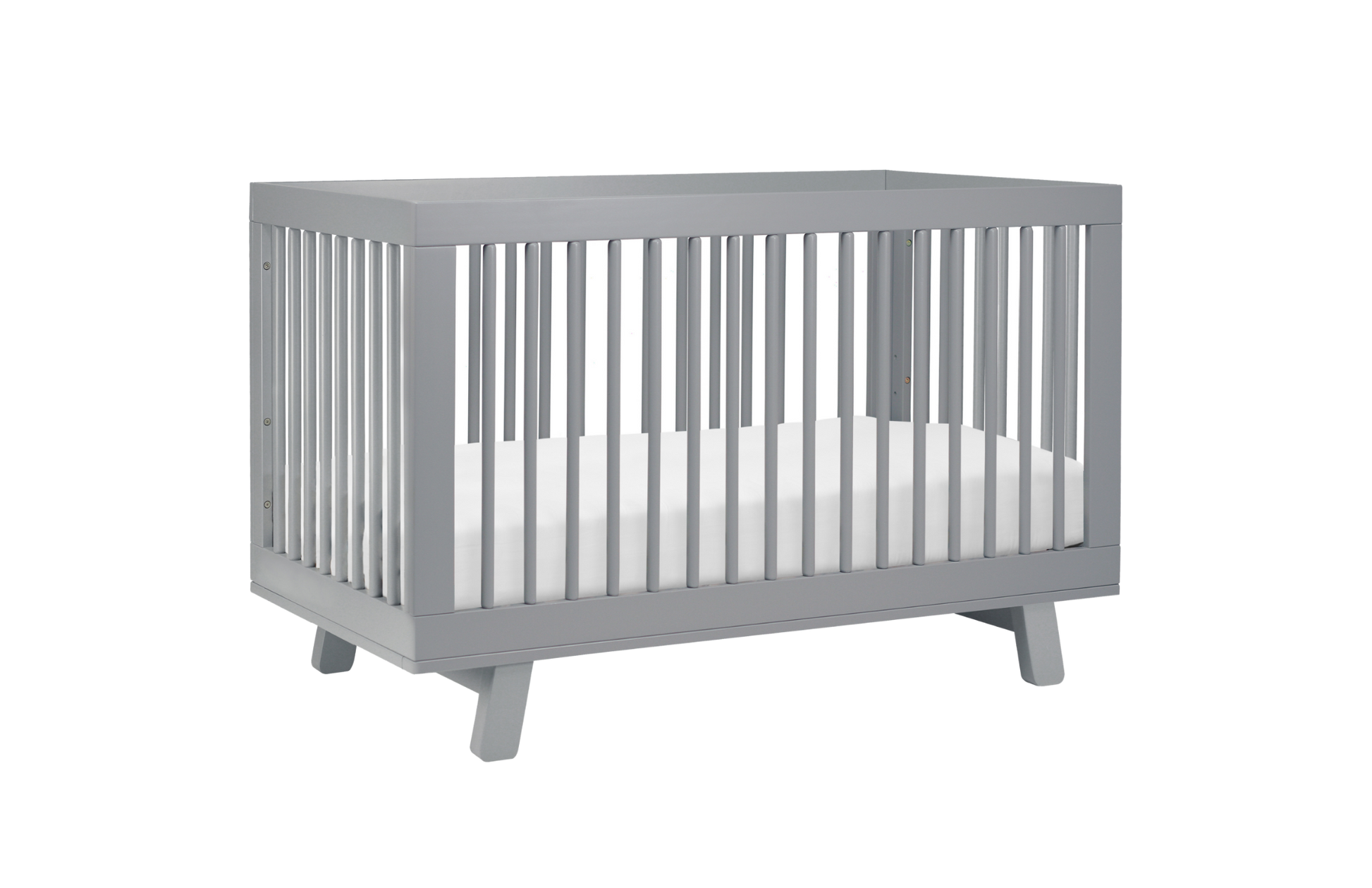The Babyletto Hudson Convertible Crib, in modern gray with vertical slats on all sides and four short legs, is shown with a white crib mattress against a plain white background.
