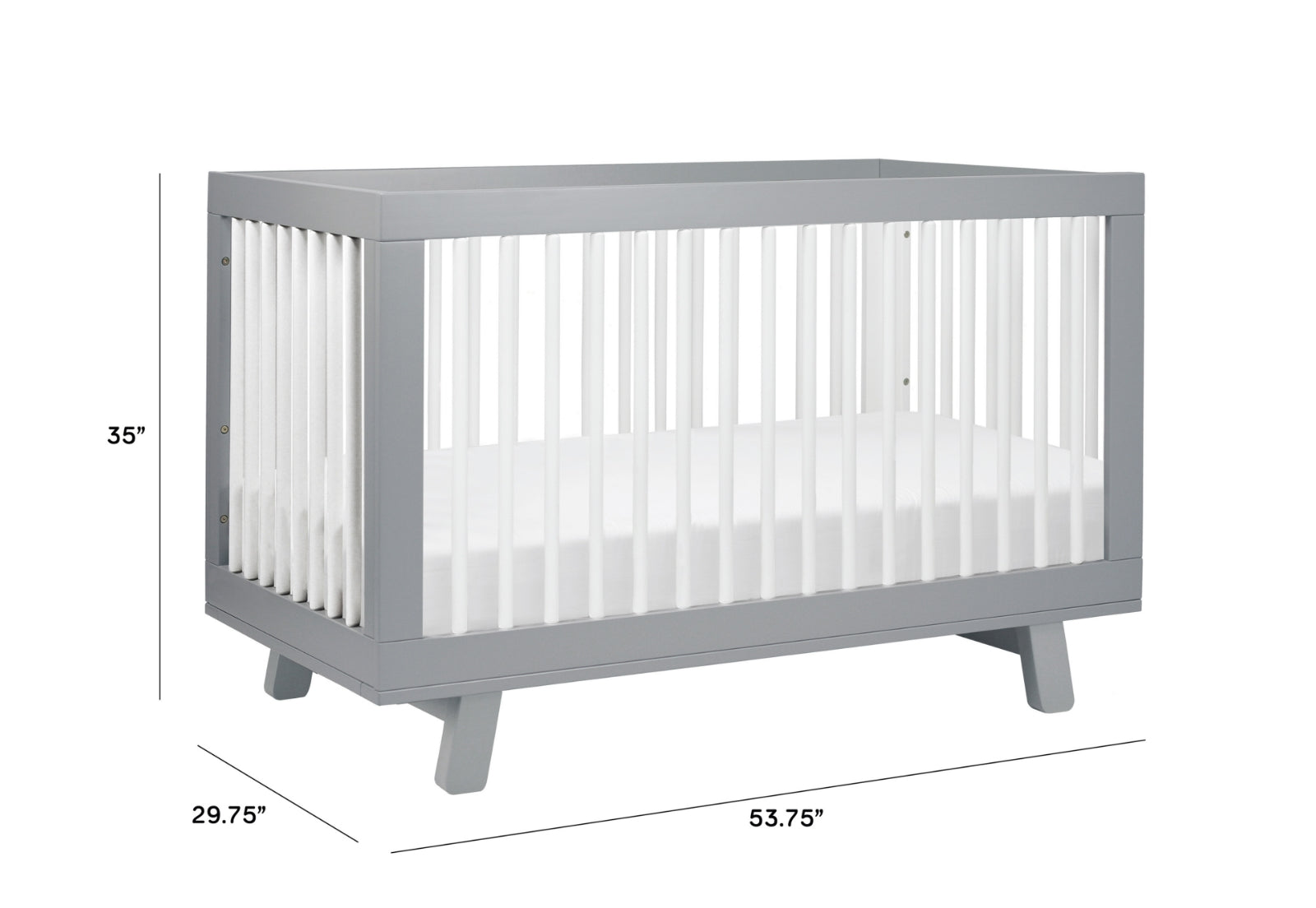 Modern gray baby crib with measurements labeled (35" height, 29.75" width, 53.75" length).