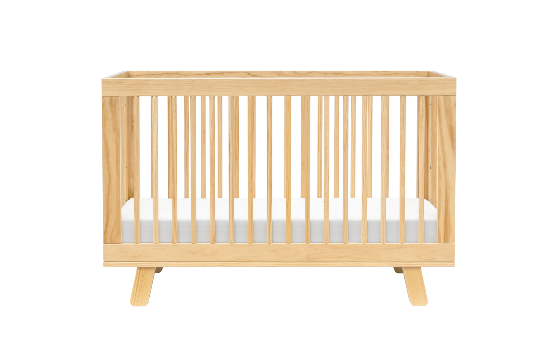 The Babyletto Hudson Convertible Crib, featuring vertical slats and a modern design, is shown on a white background with a matching white crib mattress.