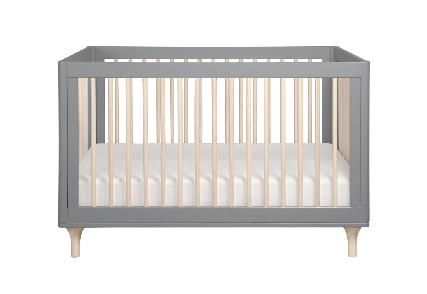 Modern gray baby crib with wooden legs and vertical slats, showcasing a white mattress.