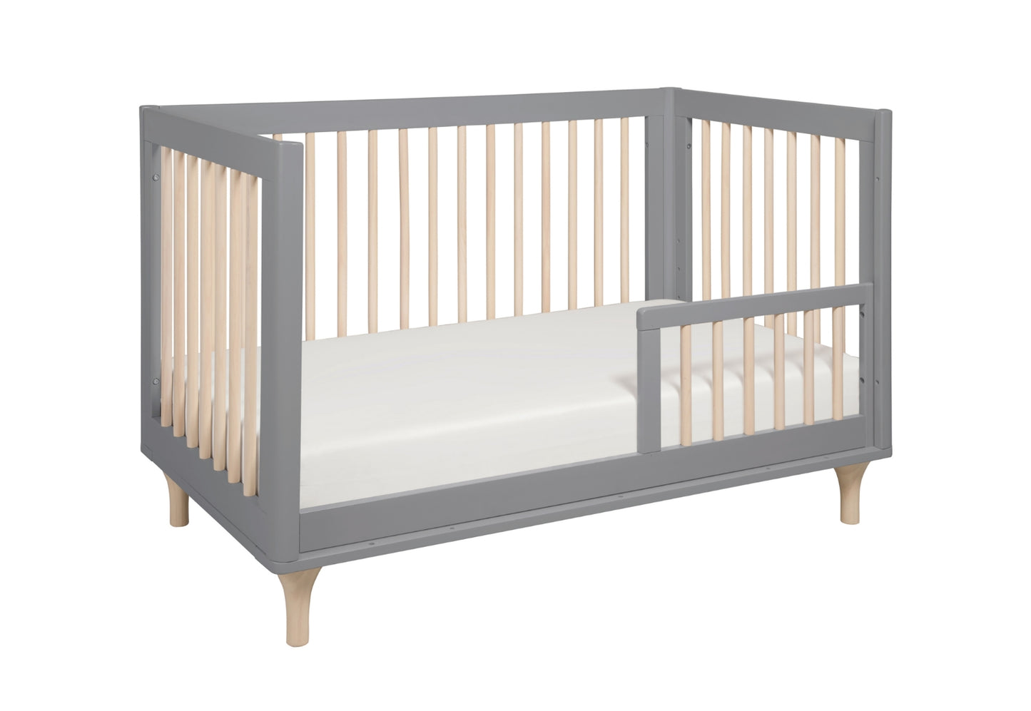 Gray and natural wood baby crib with a minimalist design.