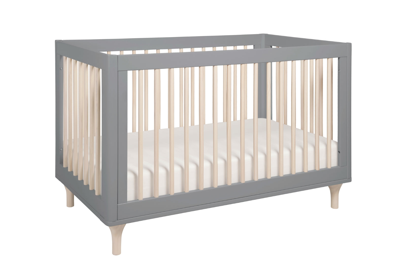 Modern gray baby crib with a white mattress, showcasing a sleek design and wooden legs.