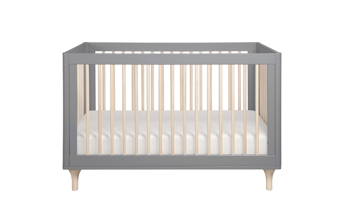 The Babyletto Lolly Convertible Crib showcases a modern gray frame, light wood slats, and a white mattress, displayed against a plain white background.