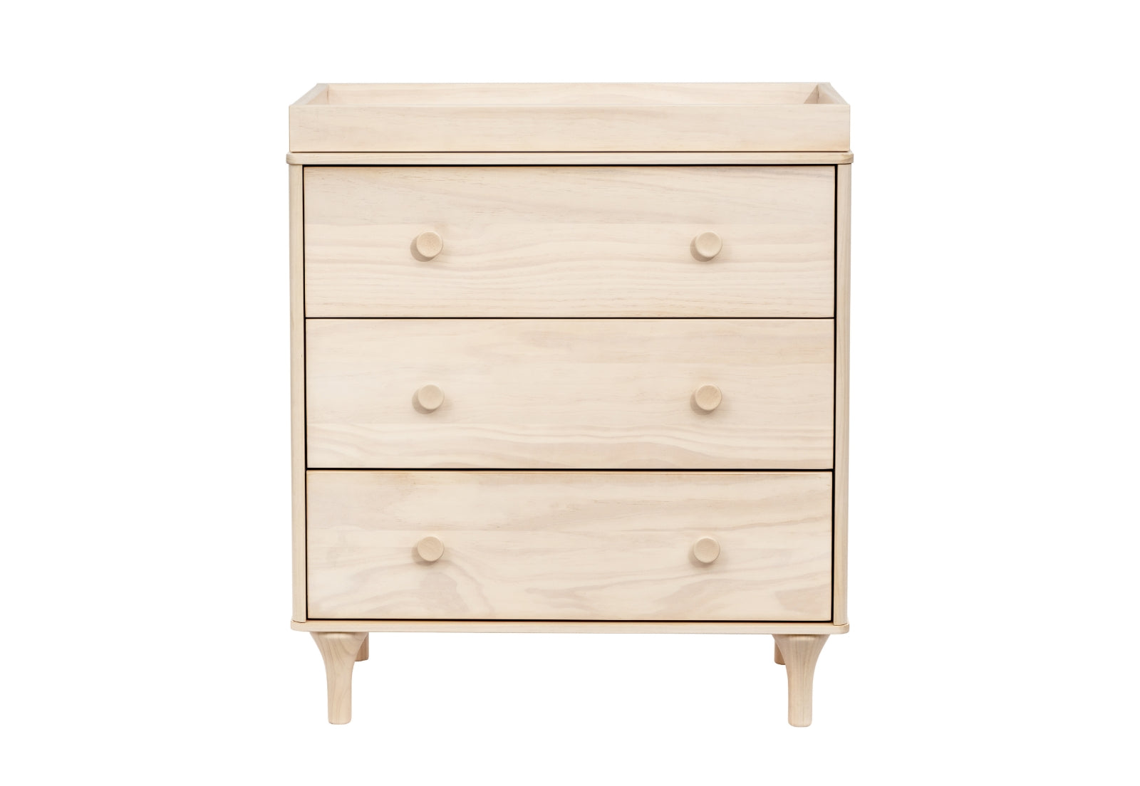 Light wooden nursery dresser with four drawers and rounded knobs on a white background.