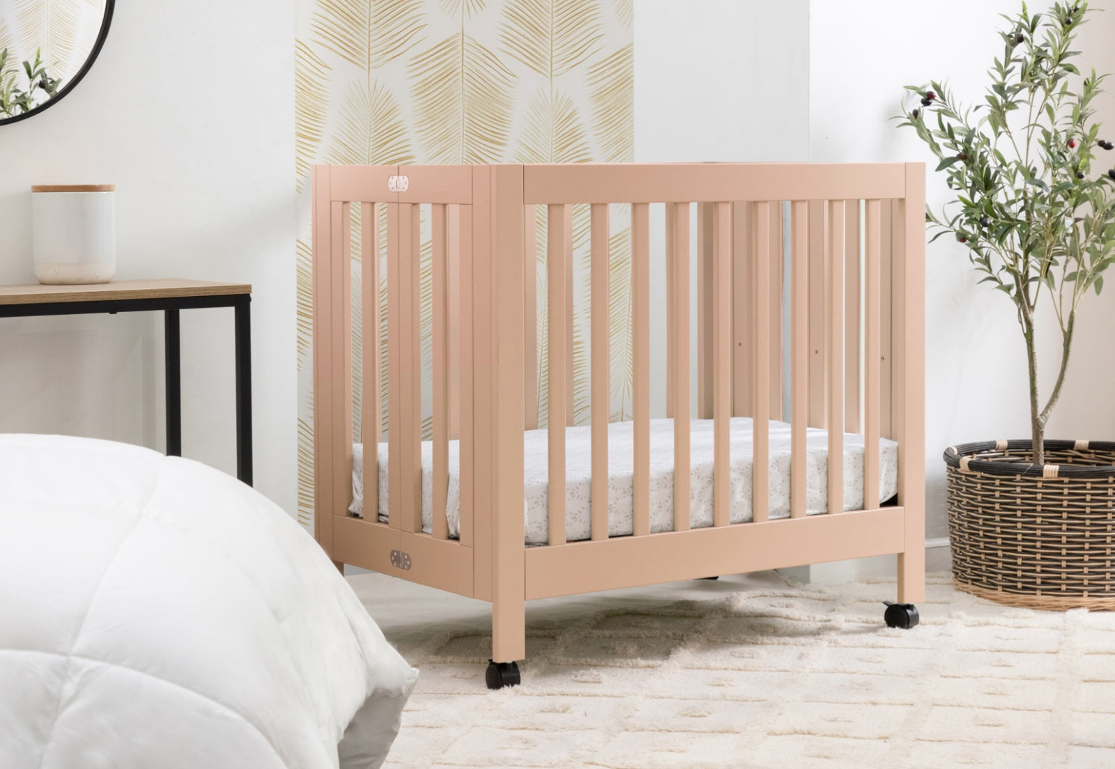 A modern wooden crib in a serene nursery setting, complemented by neutral decor and natural light.