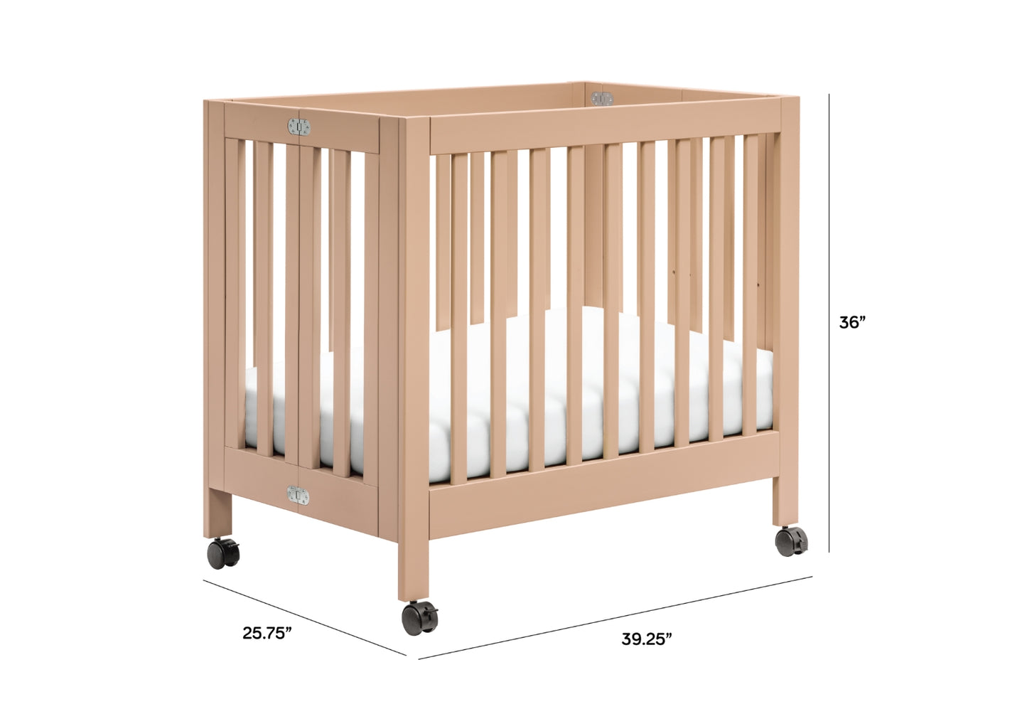 Modern beige baby crib on wheels, featuring dimensions 26.75 x 39.25" x 36"."