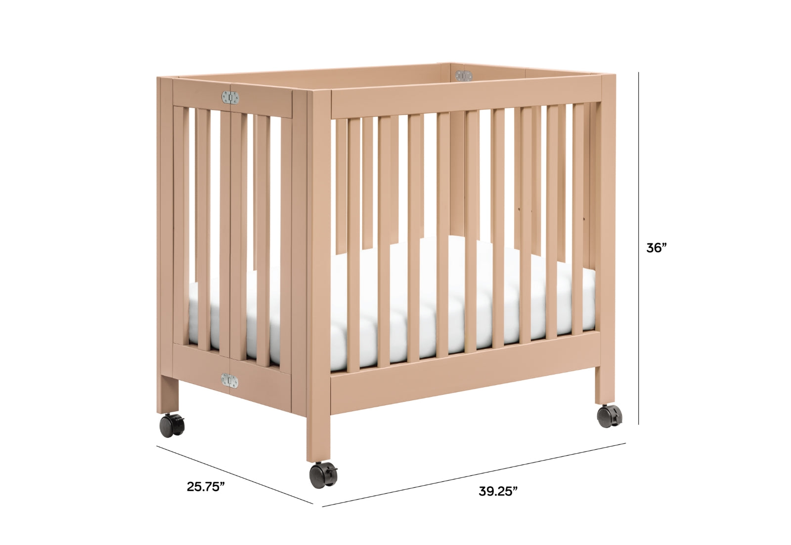 Modern beige baby crib on wheels, featuring dimensions 26.75 x 39.25" x 36"."