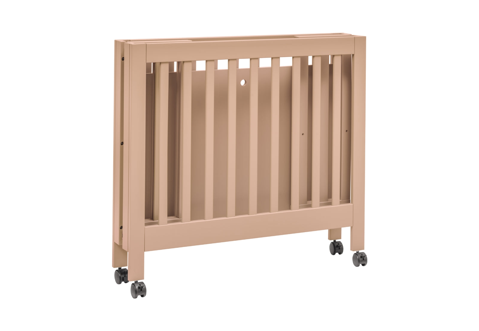 A modern beige baby crib on wheels, designed for easy mobility and safety.