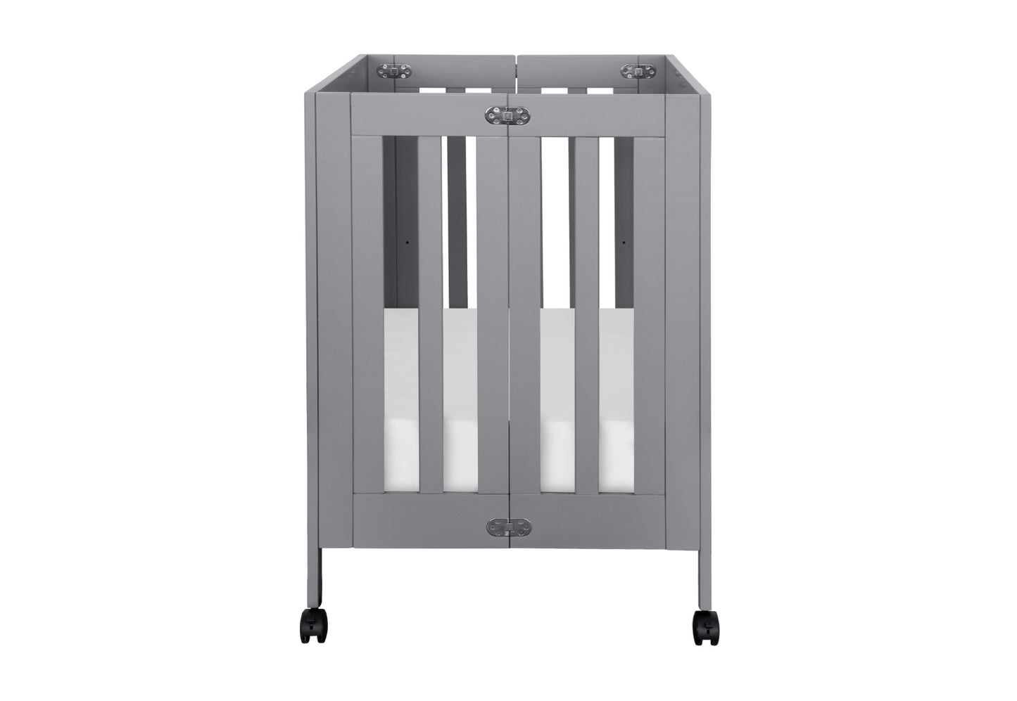 Gray minimalist baby crib with wheels for easy mobility.