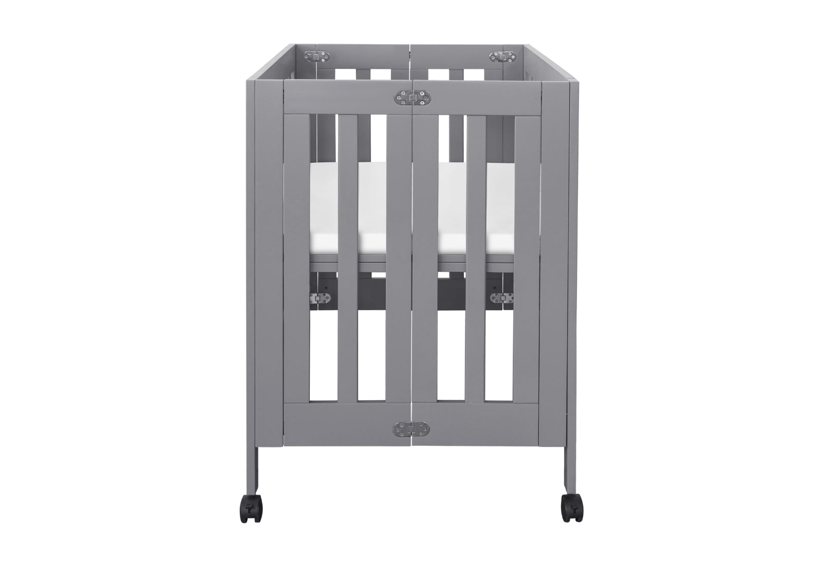 Gray modern baby crib on wheels, featuring a minimalistic design with visible locks and a white mattress.