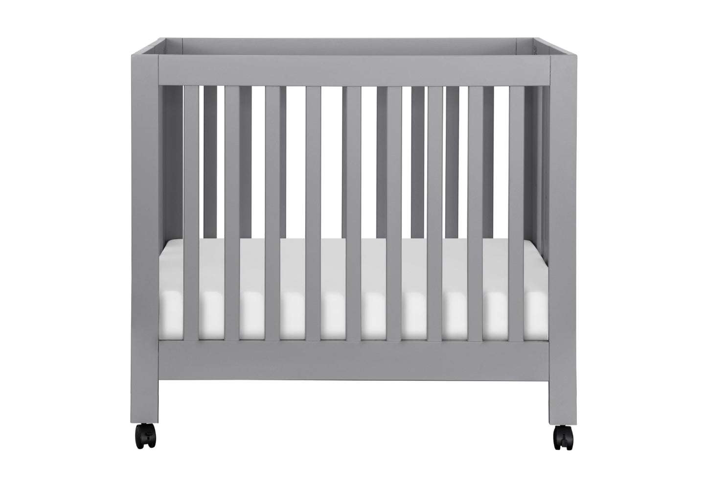 Modern grey baby crib on wheels with a visible mattress, depicted on a white background.