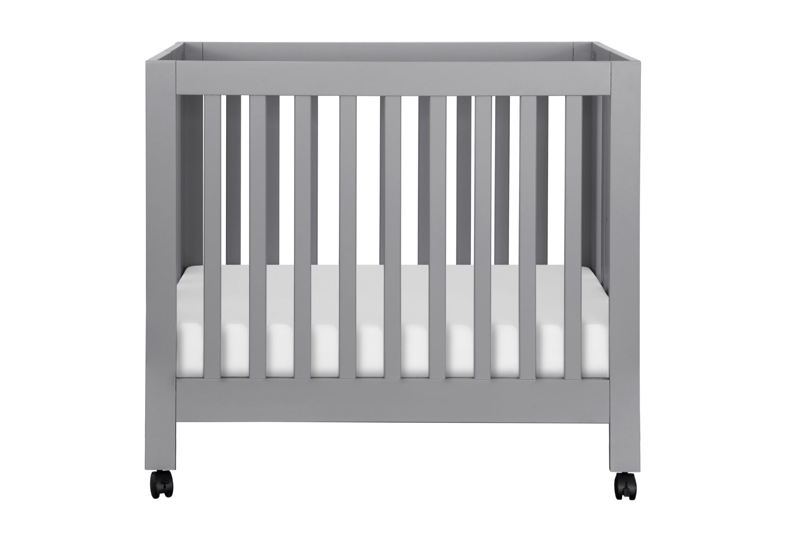 Modern grey baby crib on wheels with a visible mattress, depicted on a white background.