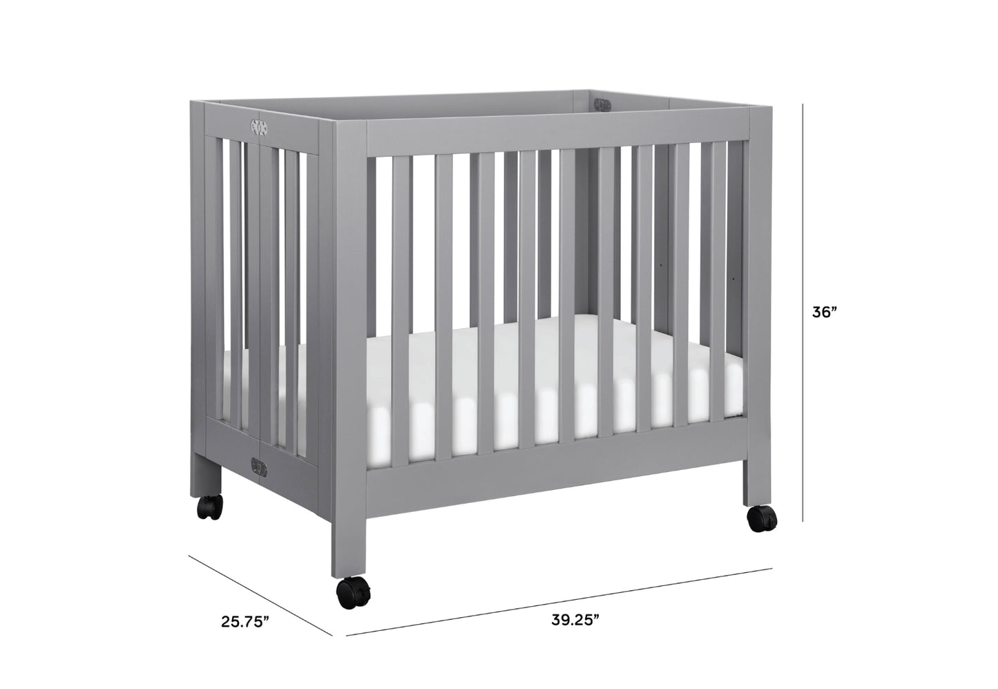 Gray baby crib with dimensions labeled: 25.75 inches wide, 39.25 inches long, and 36 inches high, featuring wheels on the base for mobility.