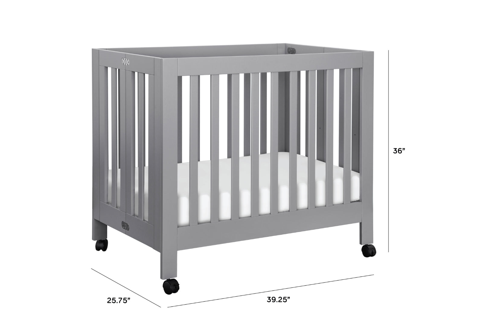 Gray baby crib with dimensions labeled: 25.75 inches wide, 39.25 inches long, and 36 inches high, featuring wheels on the base for mobility.
