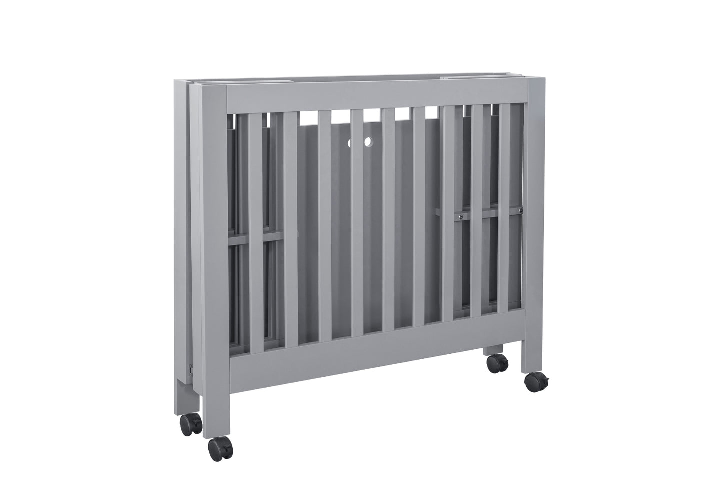 Gray portable baby crib with wheels on a white background.