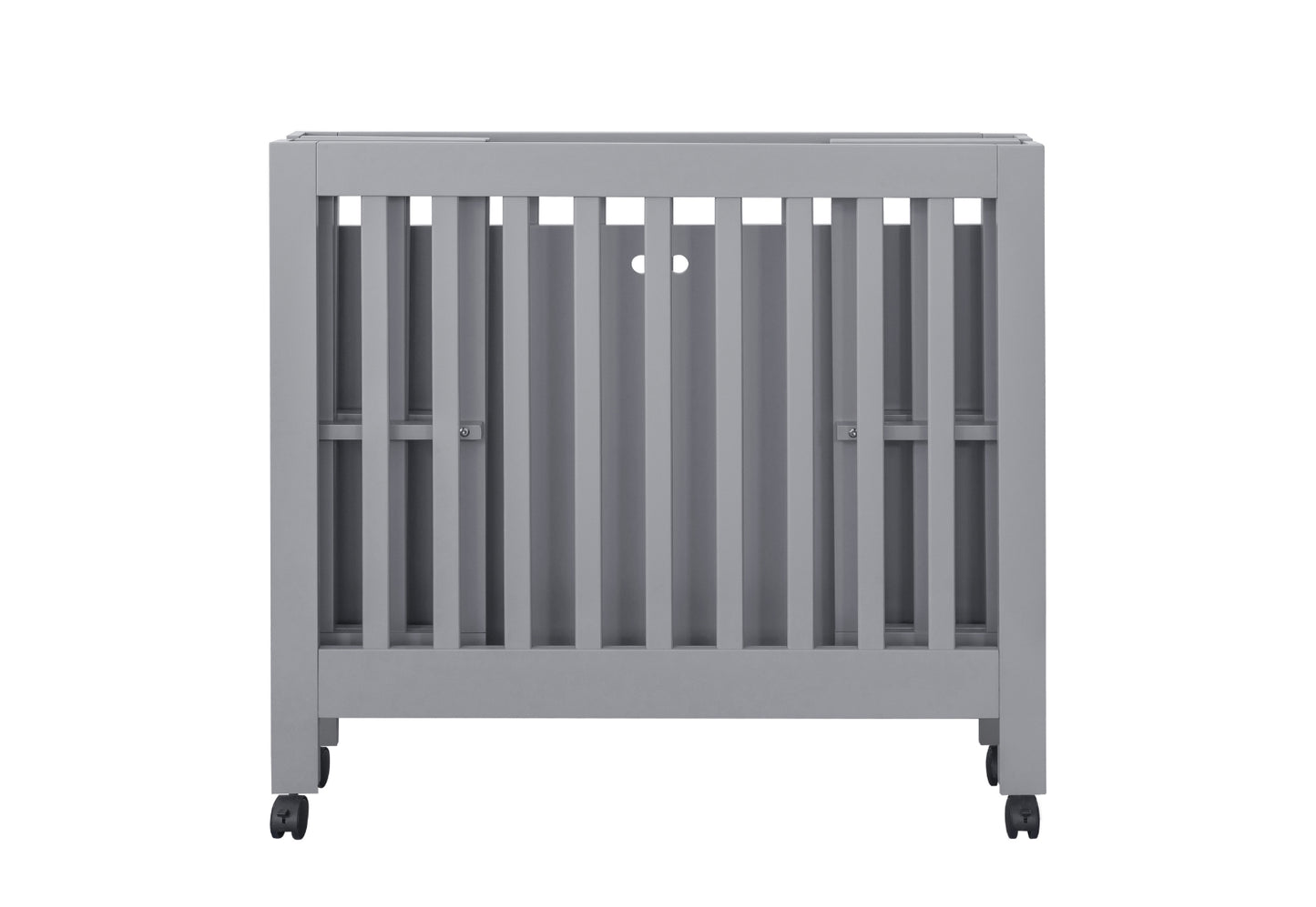 Gray baby crib on wheels shown against a white background.