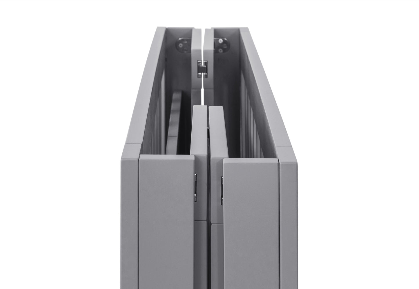 A detailed close-up of the hinge and folding mechanism of a gray crib, showcasing its design and build quality.