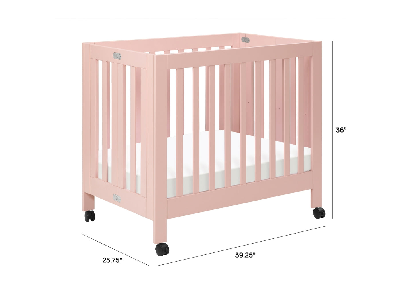 ALT text: "Pale pink baby crib on wheels, showing dimensions: 25.75" width, 39.25" length, and 36" height."