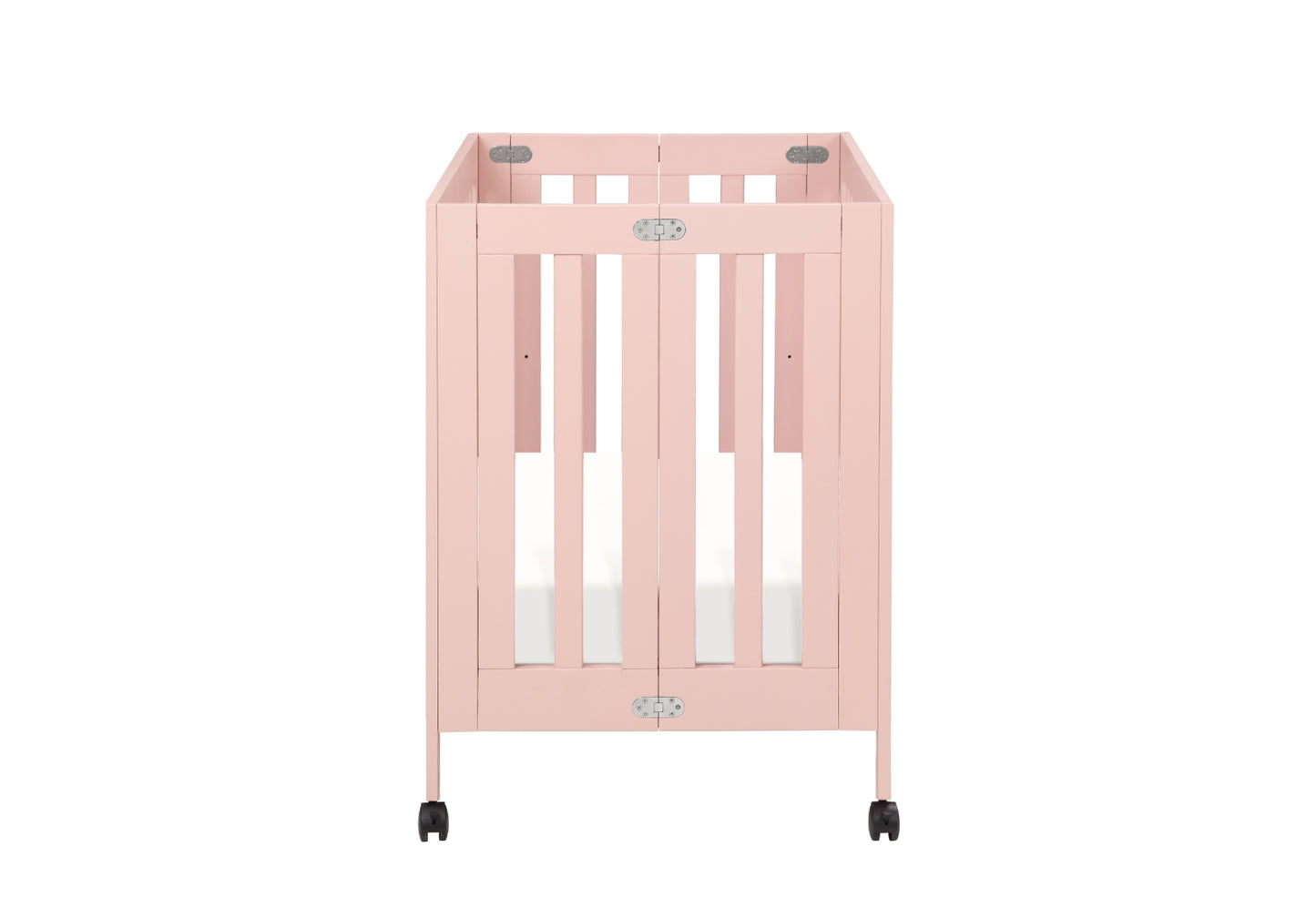 Pink baby crib on wheels with visible branding and lock mechanisms.
