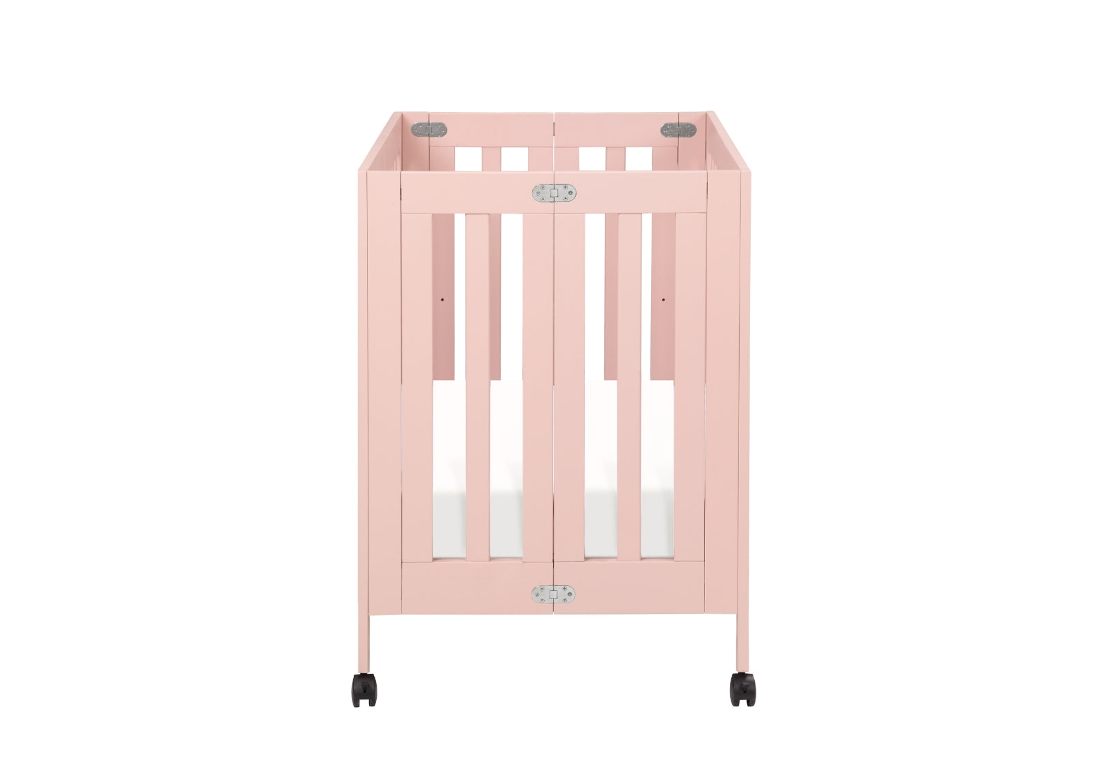 Pink baby crib on wheels with visible branding and lock mechanisms.