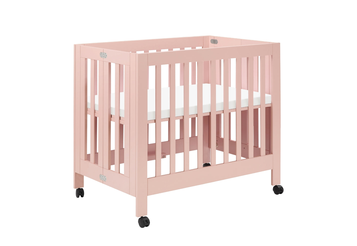 A pink wooden baby crib on wheels, shown on a white background with no visible text.