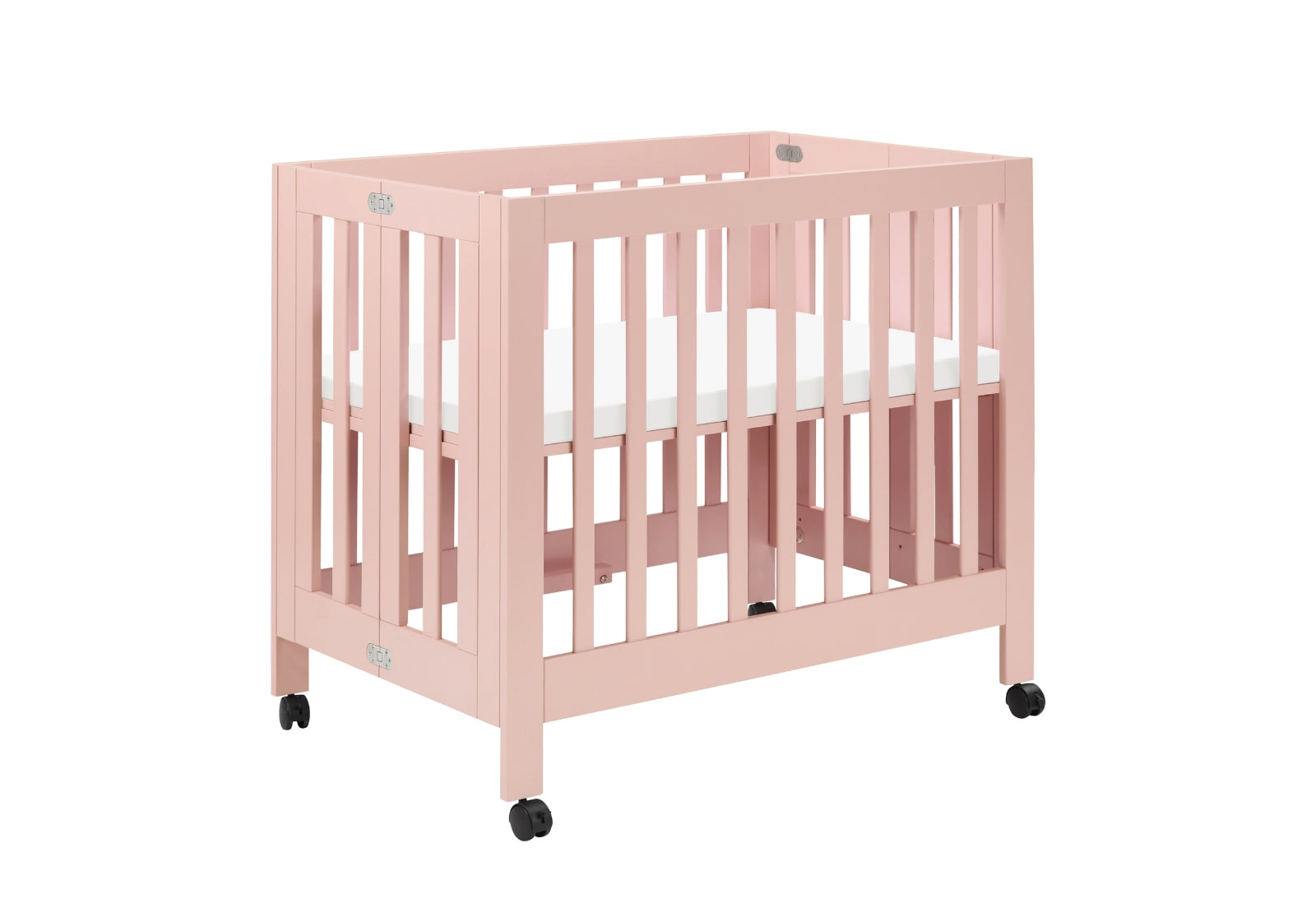 A pink wooden baby crib on wheels, shown on a white background with no visible text.
