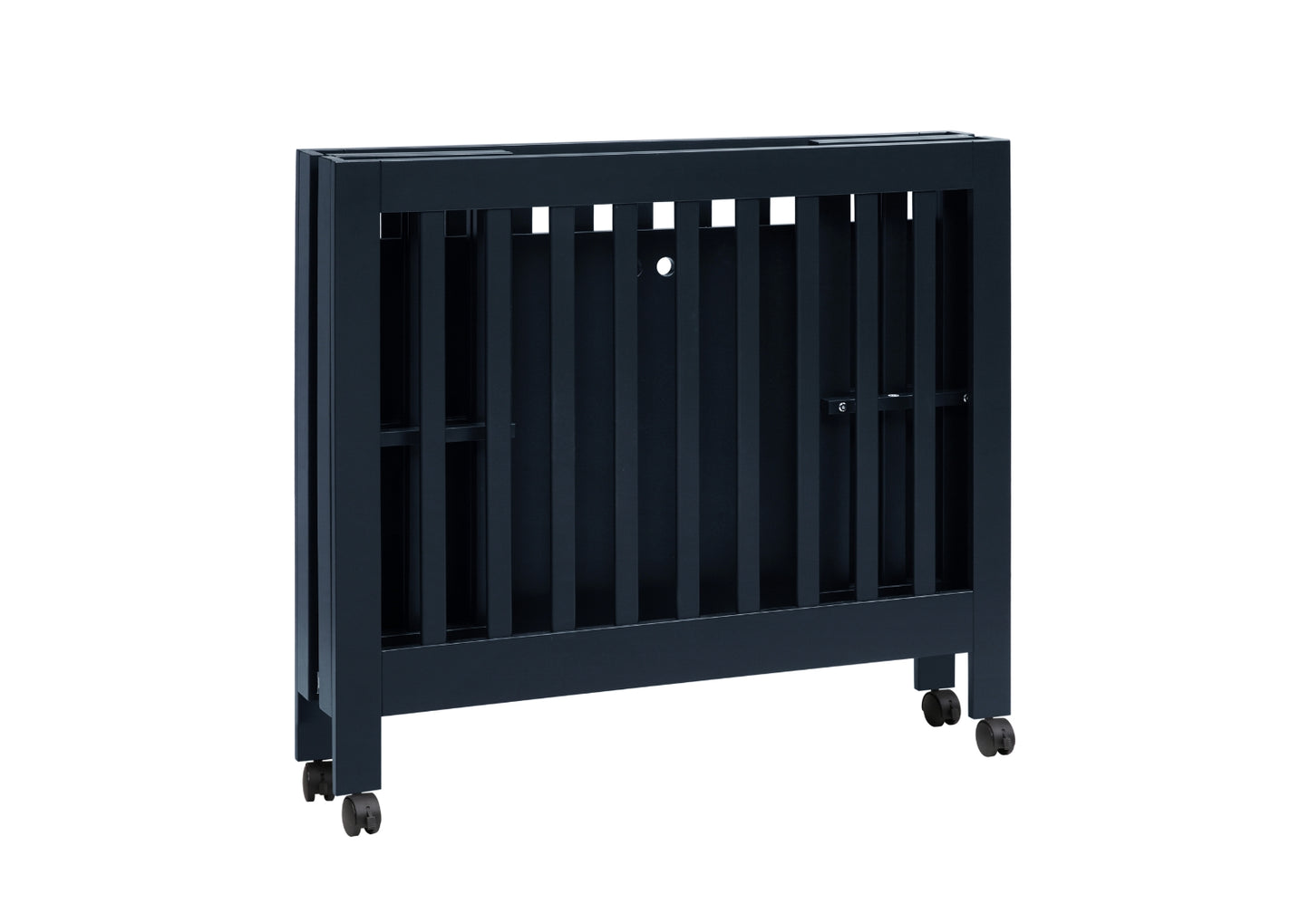 A modern black baby crib on wheels, featuring sleek vertical bars and a minimalist design.