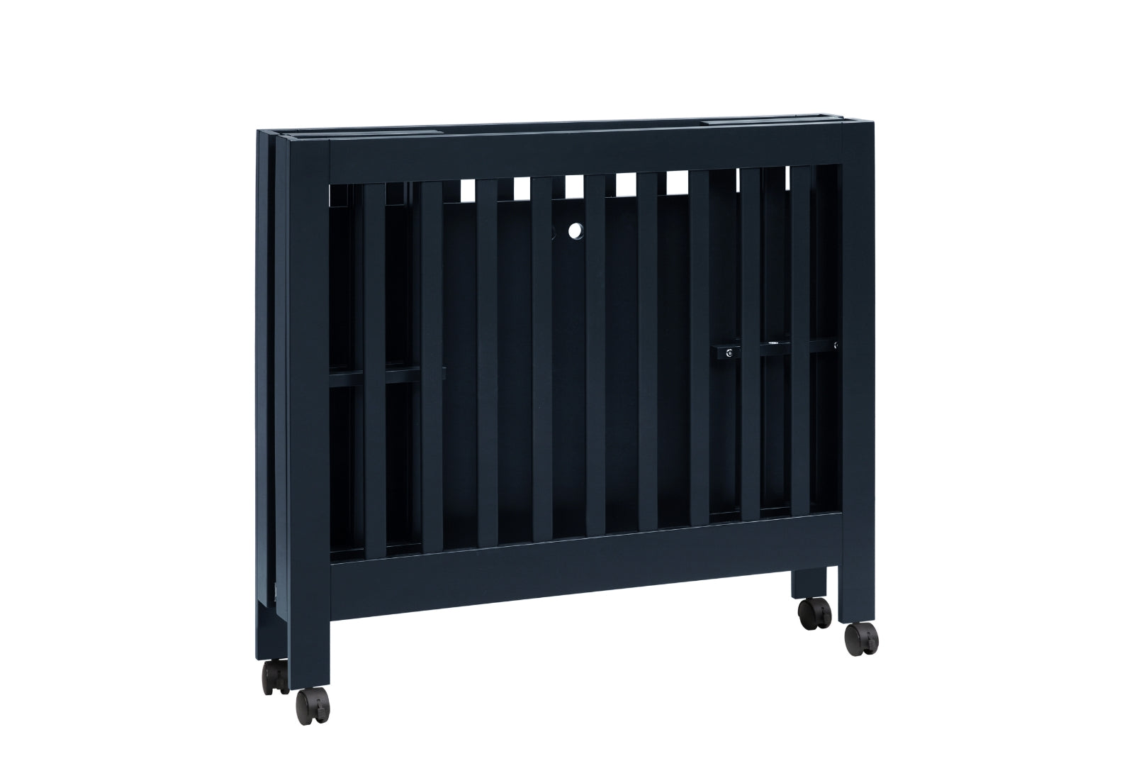 A modern black baby crib on wheels, featuring sleek vertical bars and a minimalist design.