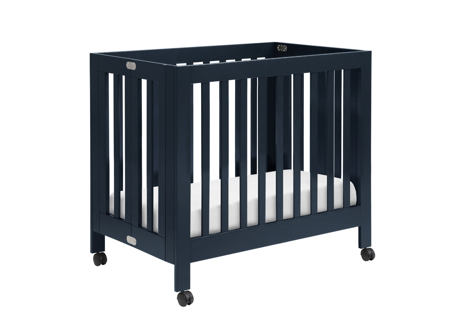 Blue modern baby crib on wheels with a white mattress.