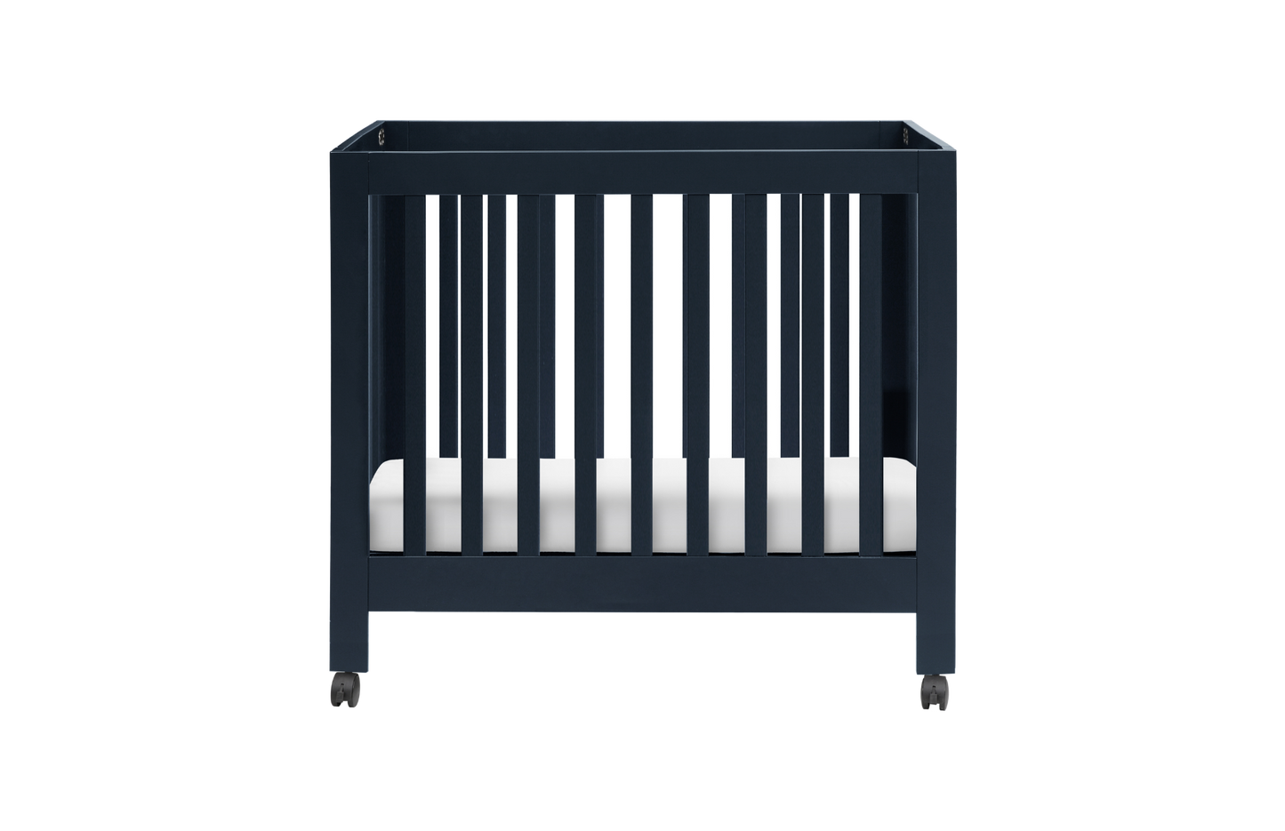 The Babyletto Origami Mini Crib is a modern, dark blue crib with vertical slats, a white mattress, and four wheels for mobility. Its minimalist design makes it ideal for small spaces.