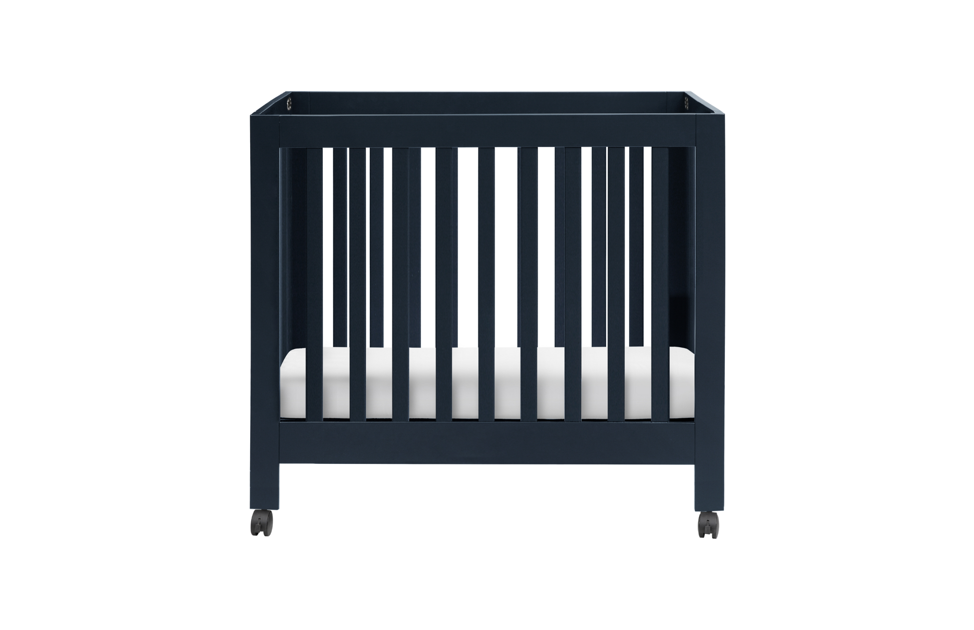 The Babyletto Origami Mini Crib is a modern, dark blue crib with vertical slats, a white mattress, and four wheels for mobility. Its minimalist design makes it ideal for small spaces.