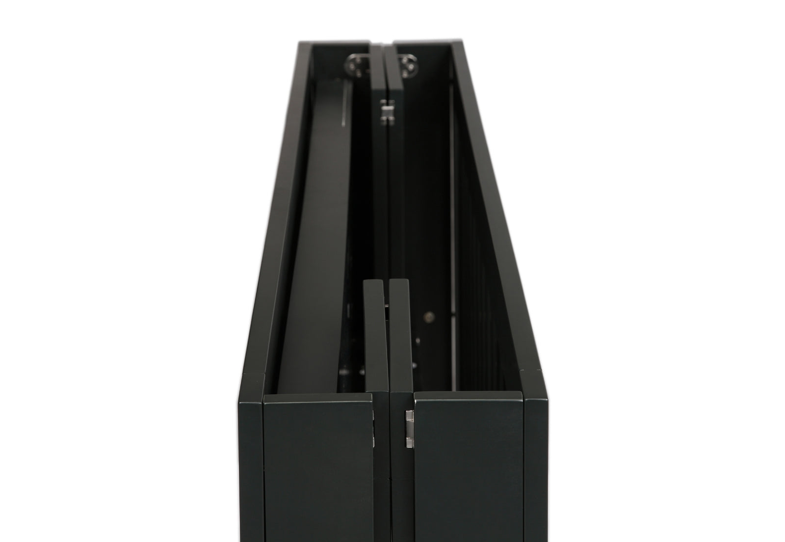 ALT Text: "Close-up view of a black, modern crib with visible hardware and sleek design, isolated on a white background."