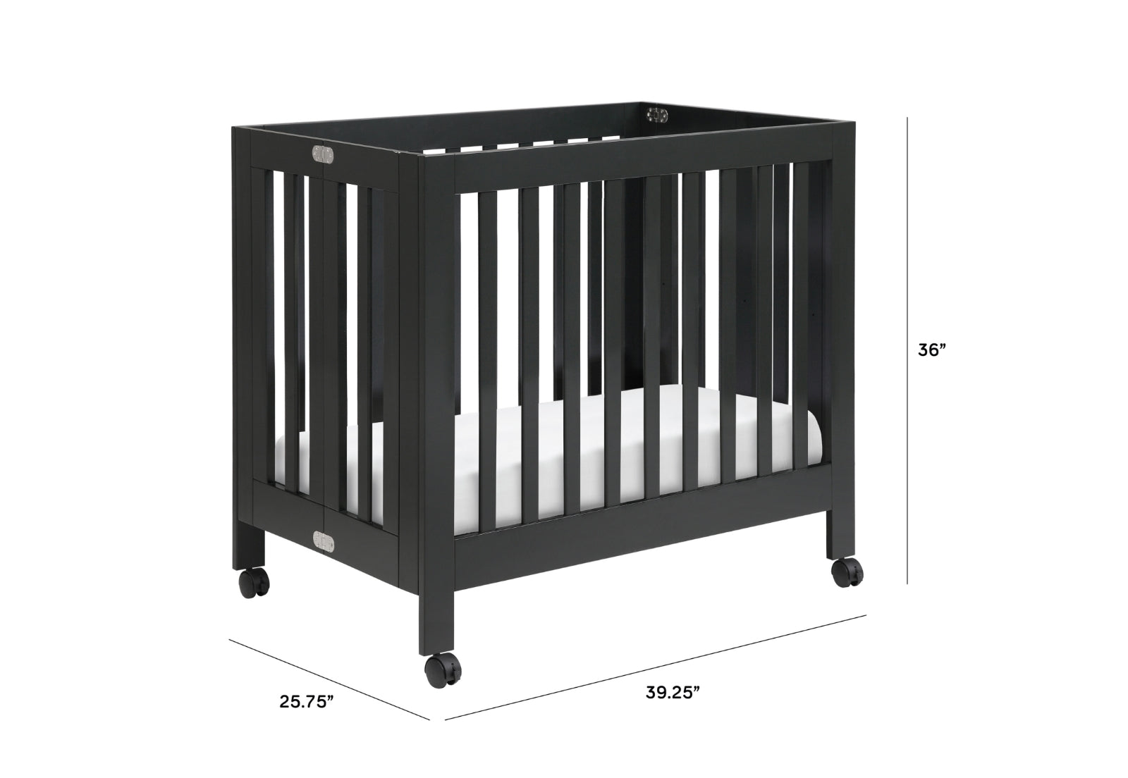 Black baby crib on wheels with dimensions 25.75" x 39.25" x 36" displayed on a white background.