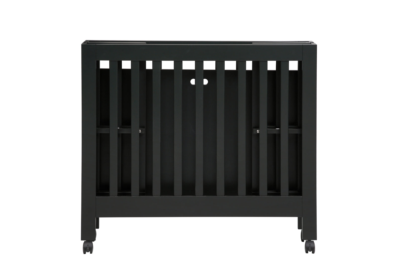Black baby crib on wheels with a modern design, isolated on a white background.