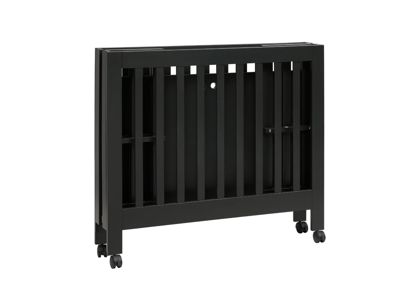 A portable black baby crib on wheels with vertical slats and no visible text.