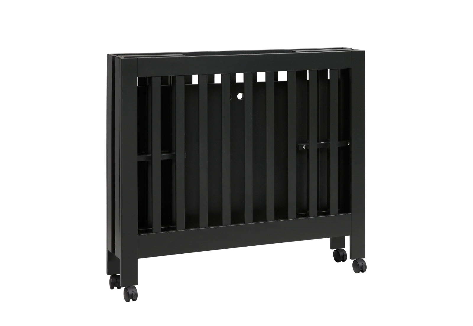 A portable black baby crib on wheels with vertical slats and no visible text.