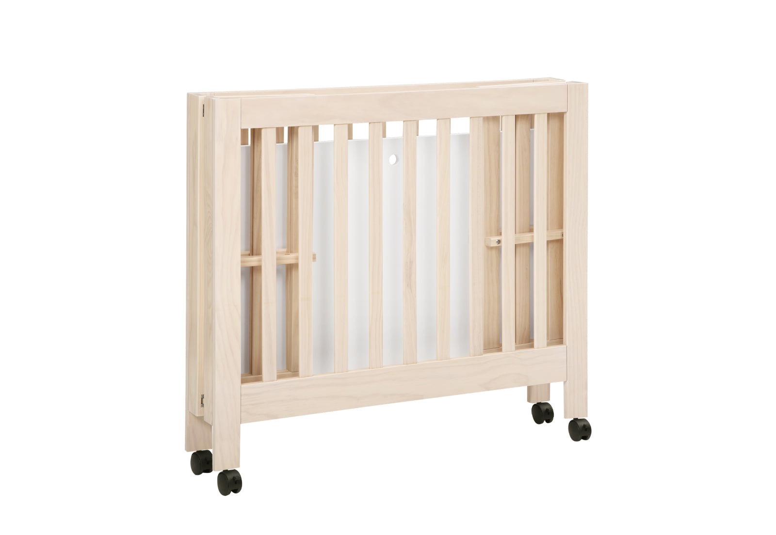 Portable wooden crib on wheels, featuring transparent sides for visibility.