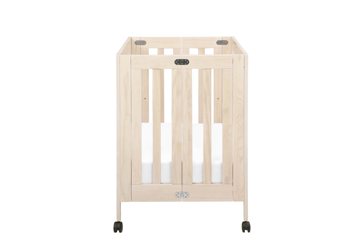 Light wooden baby crib on wheels, showing the Newton Baby logo at the top center.