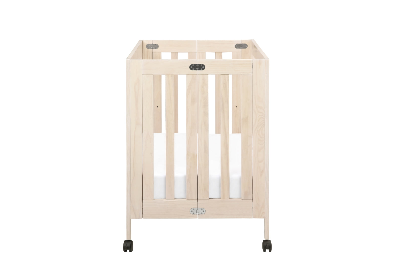 Light wooden baby crib on wheels, showing the Newton Baby logo at the top center.