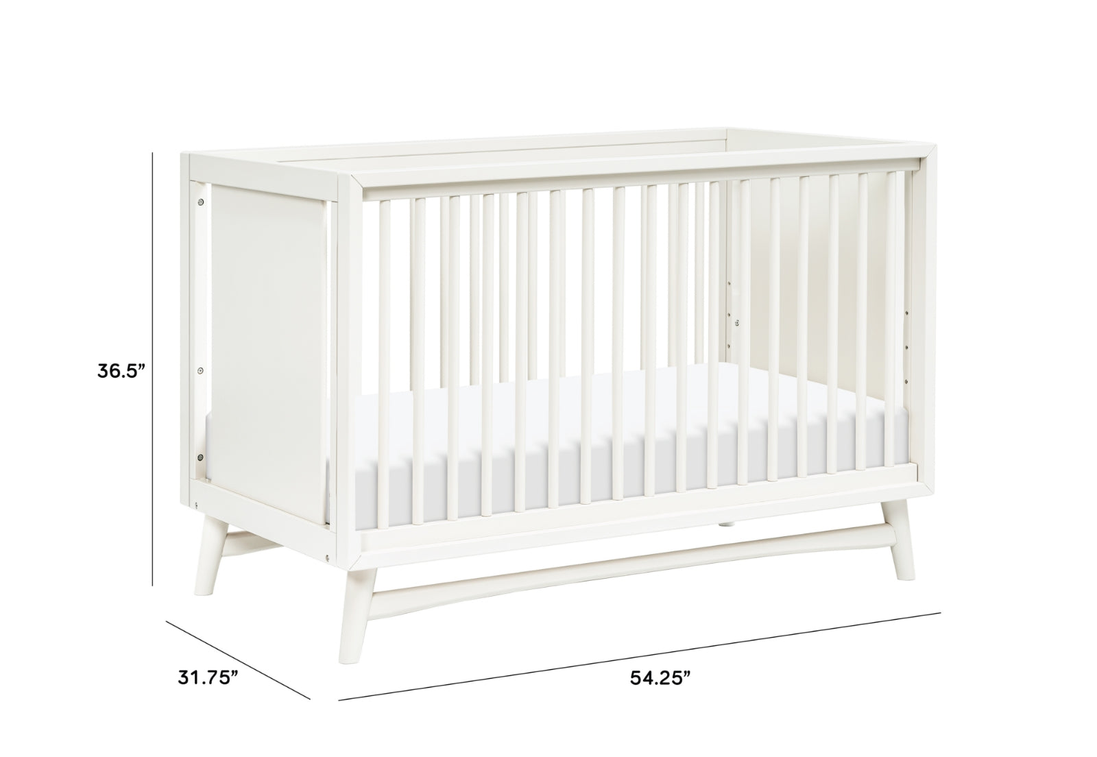 The Babyletto Peggy Convertible Crib features vertical slats, angled legs, and a modern mid-century design. It measures 36.5" tall, 31.75" deep, and 54.25" wide—perfect for a stylish nursery.