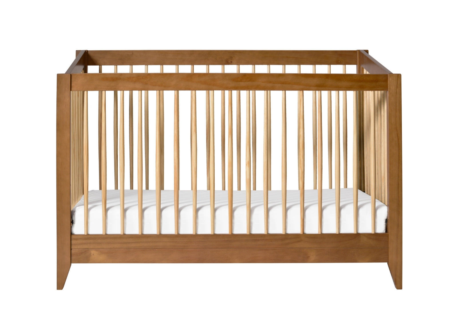 The Babyletto Sprout Convertible Crib features vertical slats on all sides and a white mattress, perfect for modern nurseries, shown against a white background.