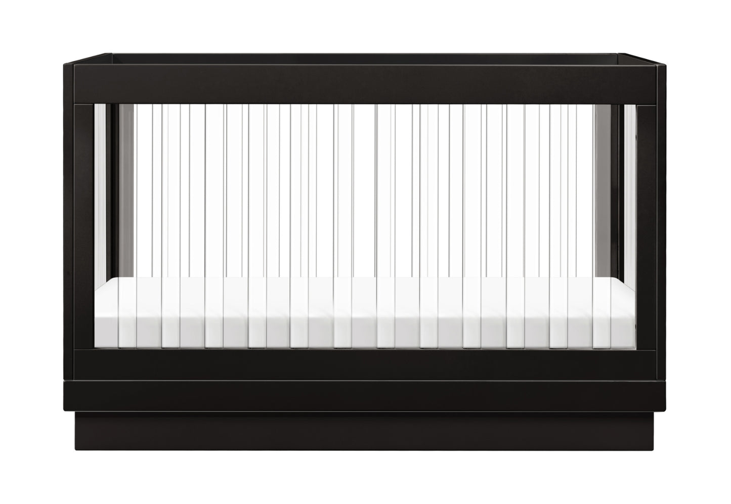 Black modern baby crib with vertical white bars and a white mattress, isolated on a white background.