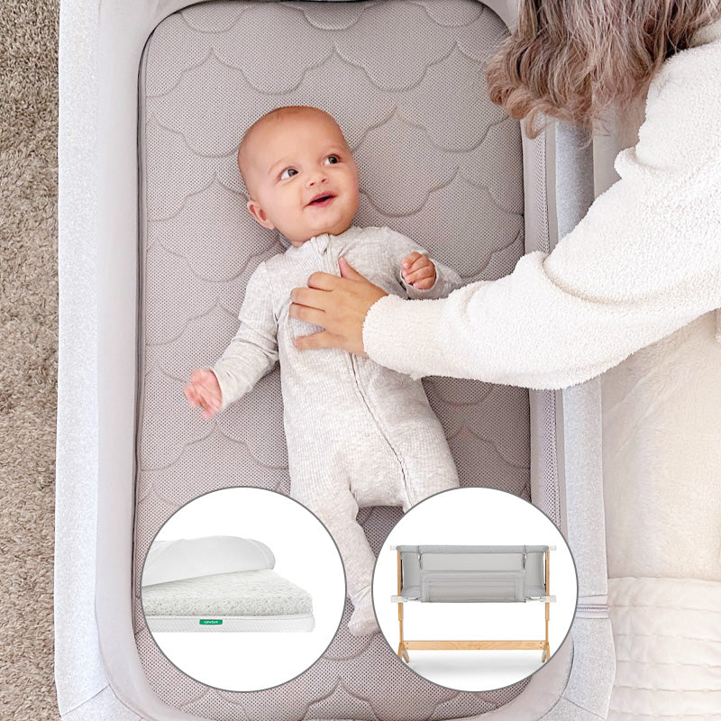 Skip - image of sleeping baby on newton bassinet with small cutouts of bassinet and bedside sleeper and essential mattress on white background